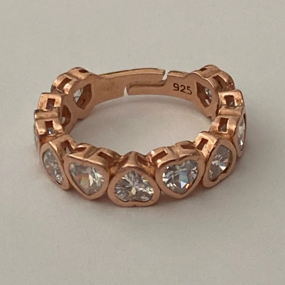 925 silver heart ring 5.5 band size adjustable cz stones 14k rose gold plated